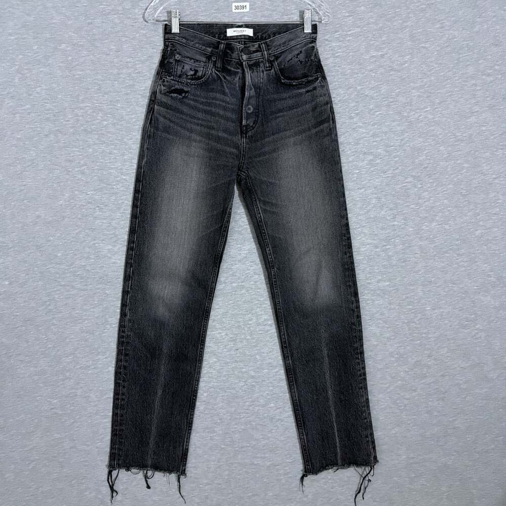 Moussy Vintage Women's 25 Black High Waisted Straight Leg Raw Hem Japanese Jeans